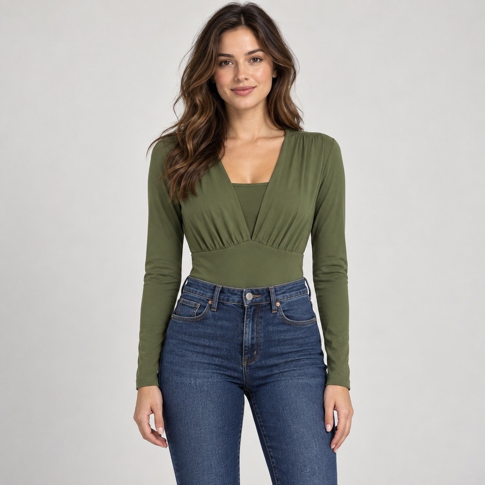 Abercrombie & Fitch Soft A&F Collection Olive Green Deep V Bodysuit Small